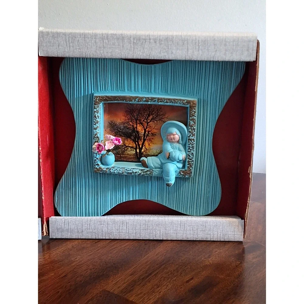 Vintage Open-Book Plaques Aqua Blue Mid Century Modern Oriental Pair 3D Wall Art